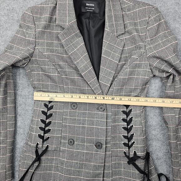 Bershka Blazer Womens Small Gray Plaid Double Breasted Lace Up Corset Jacket - Picture 7 of 8